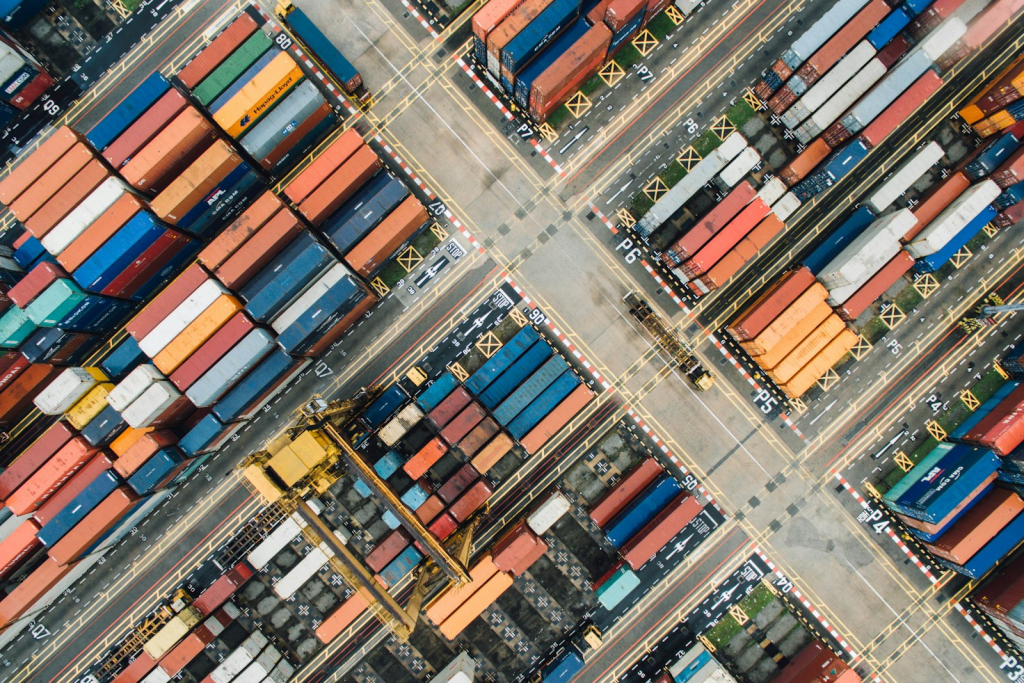 Aerial view of shipping containers and freight at port
